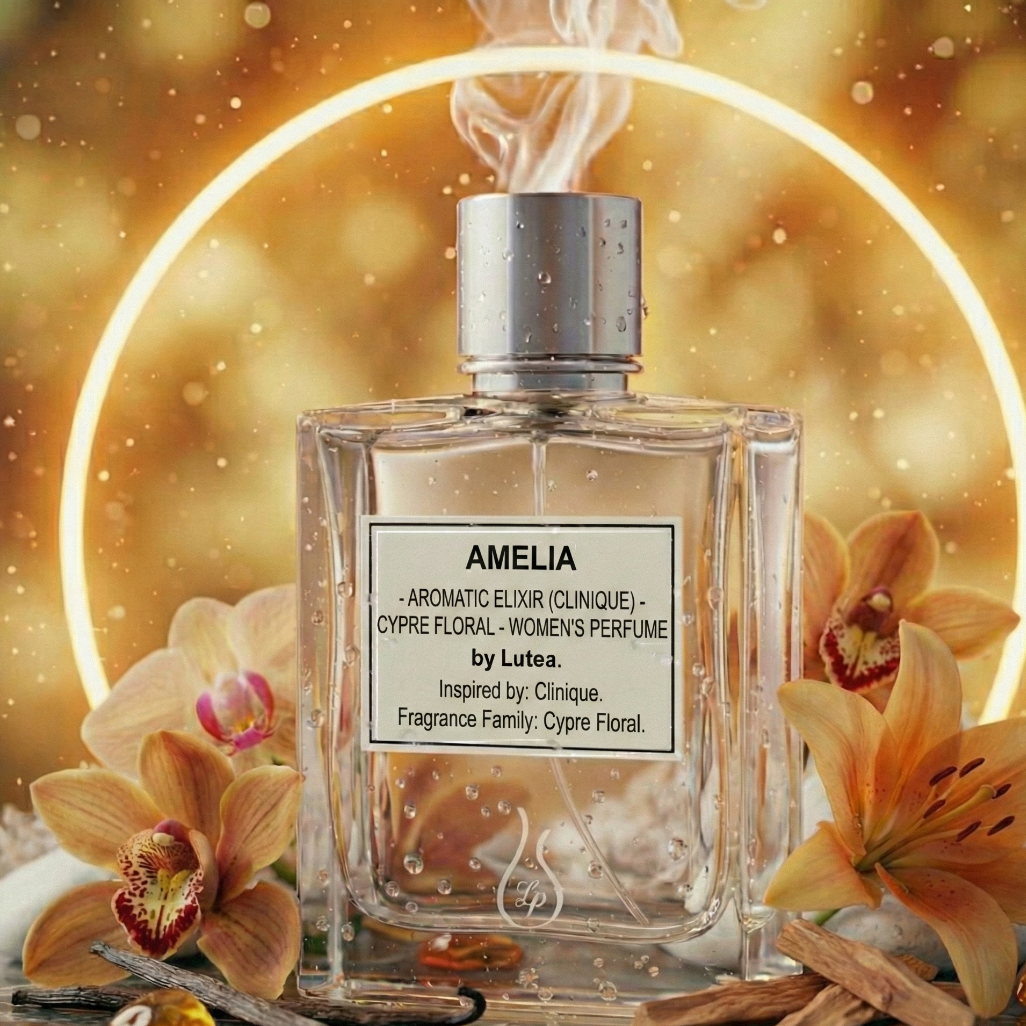 Perfume bottle labeled 'Amelia' with flowers and a glowing circular light in the background