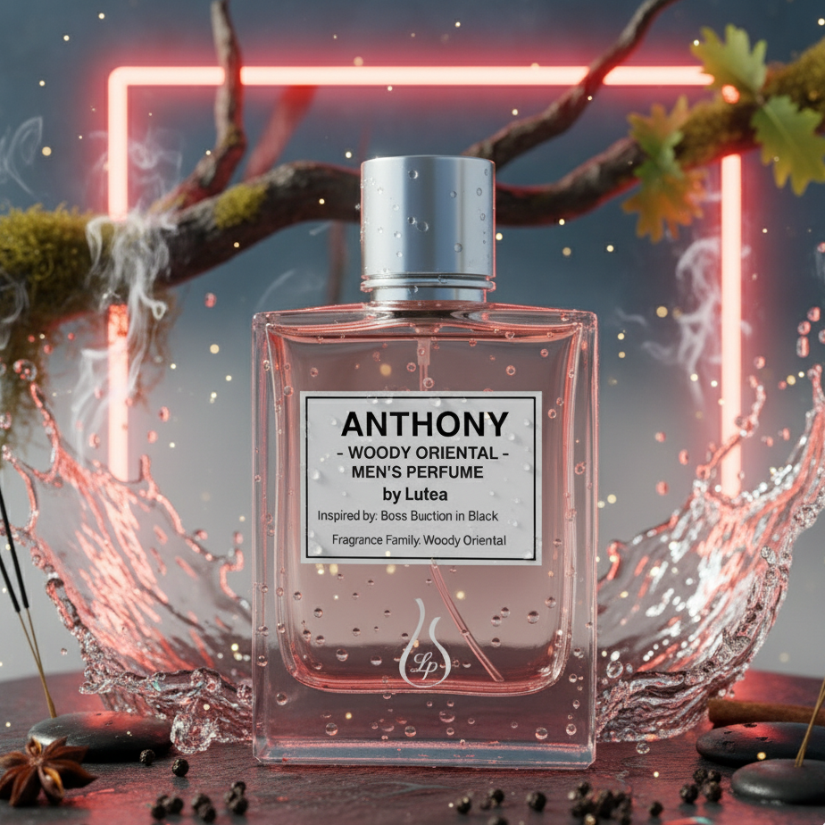 Perfume bottle labeled 'Anthony' with decorative elements on a dark background