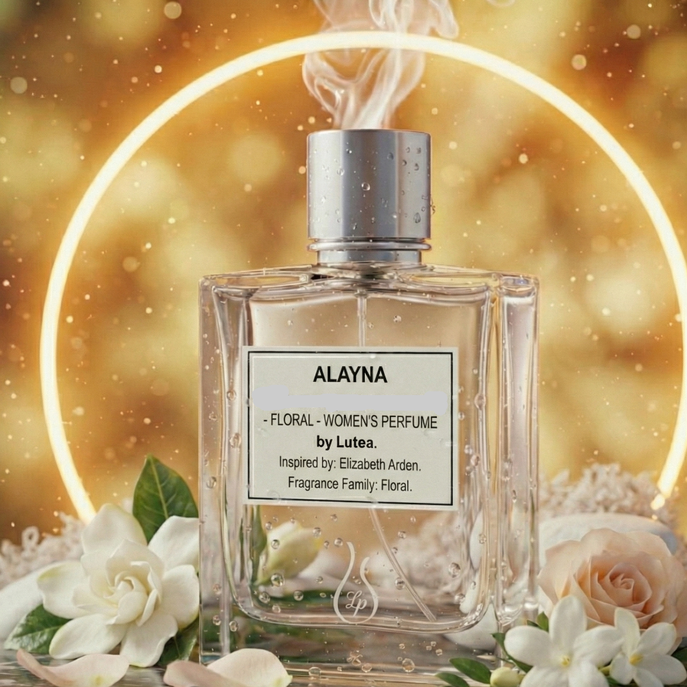 Perfume bottle labeled 'ALAYNA' with flowers on a golden background