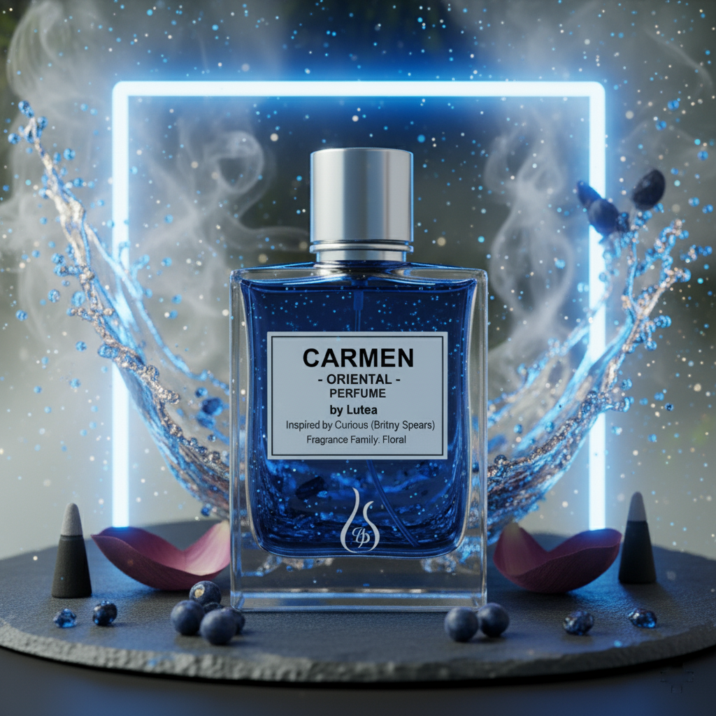 Blue perfume bottle labeled 'Carmen' with decorative elements on a dark background