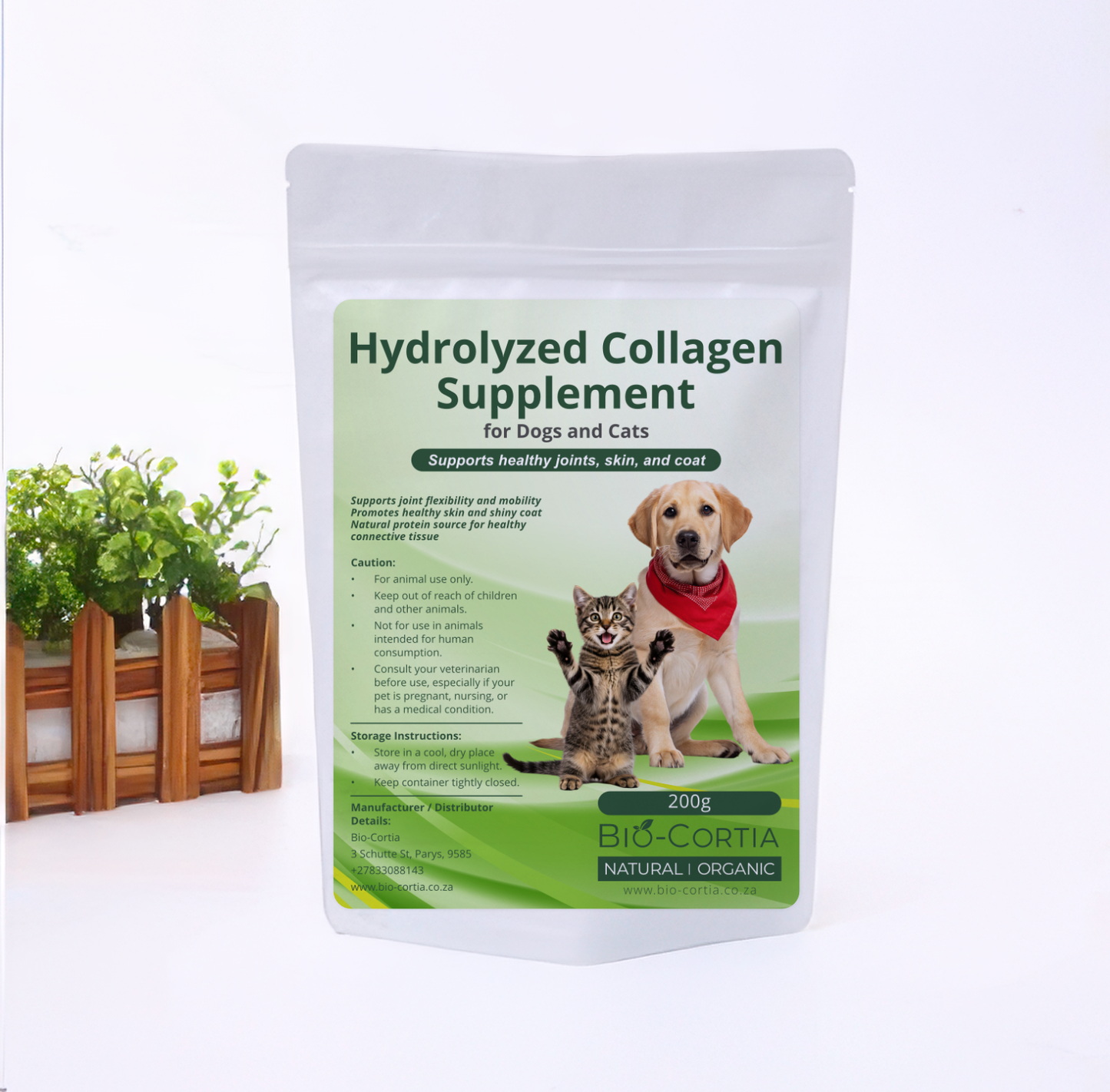 Package of hydrolyzed collagen supplement for dogs and cats with a dog and cat illustration on a white background.