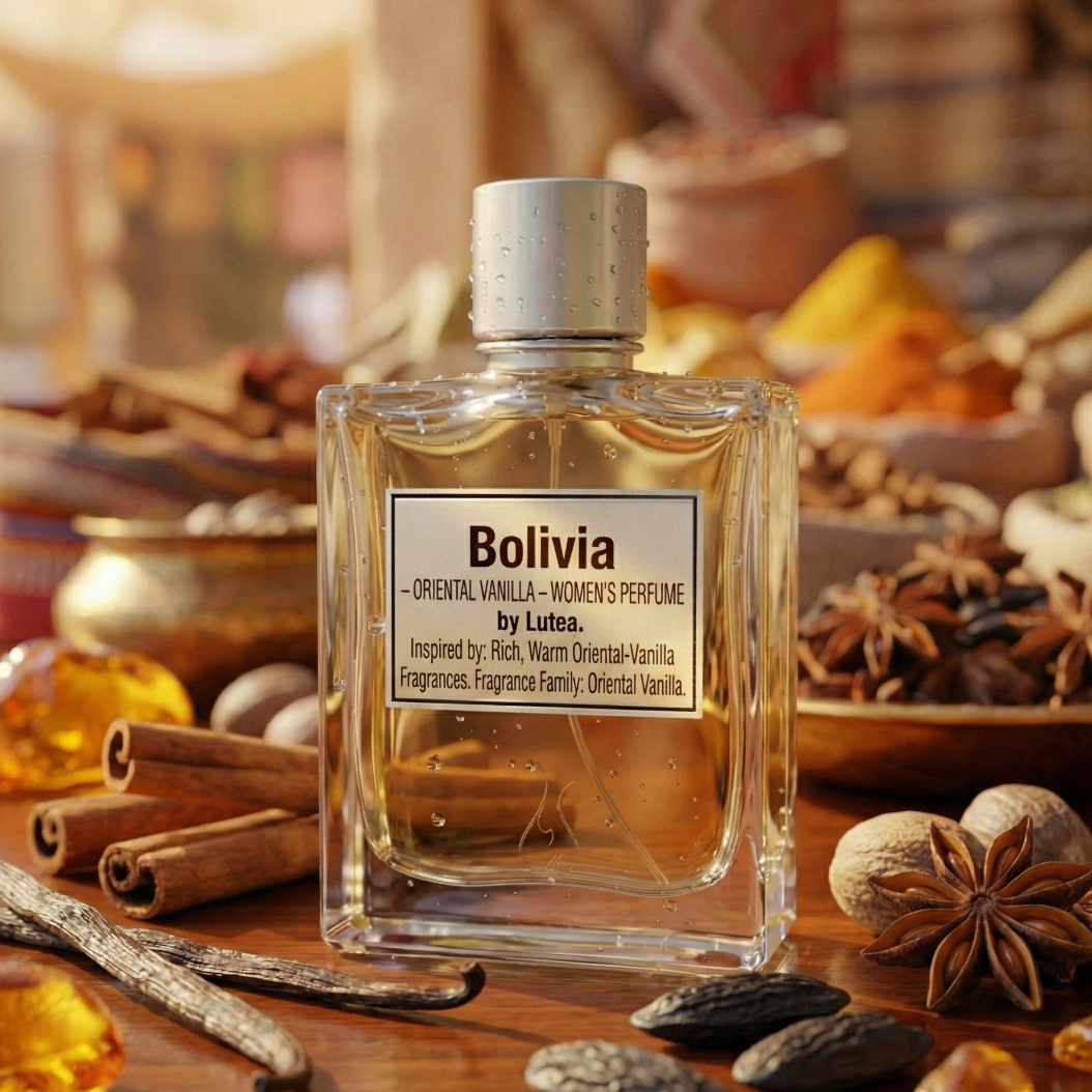 Perfume bottle labeled 'Bolivia' surrounded by spices and herbs on a wooden surfaceBolivia – Oriental Vanilla Perfume by Lutea
Inspired by rich, warm oriental-vanilla fragrances
