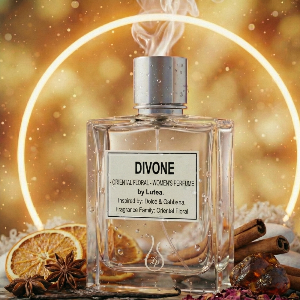 Divone perfume bottle with decorative elements on a warm, blurred background