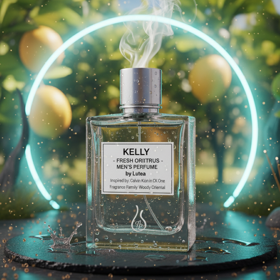 Perfume bottle labeled 'Kelly' with a neon light and fruit background