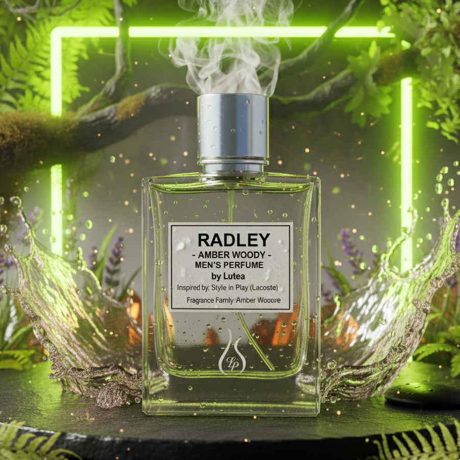 RADLEY amber woody perfume bottle with a mystical background