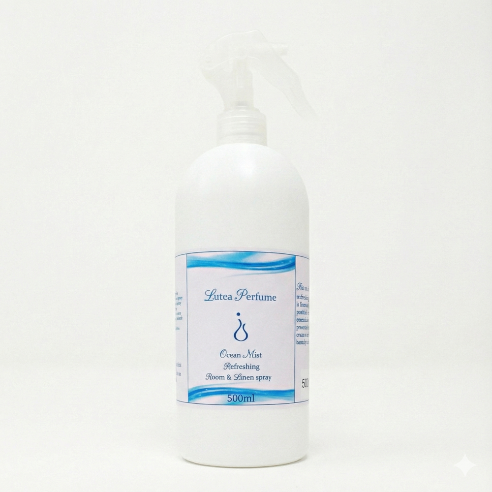 White bottle of Lutea Perfume on a white background ocean mist 500ml