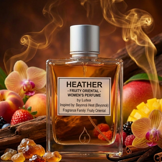 Perfume bottle labeled 'Heather' surrounded by fruits and flowers with smoke effect