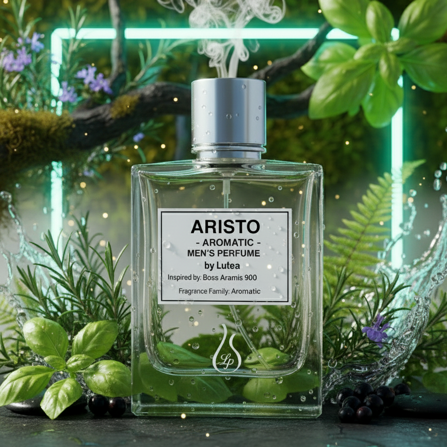 Aristo men's perfume bottle with greenery and a neon light in the background
