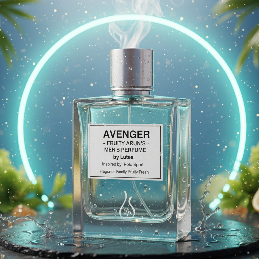 Perfume bottle labeled 'Avenger' with a tropical background