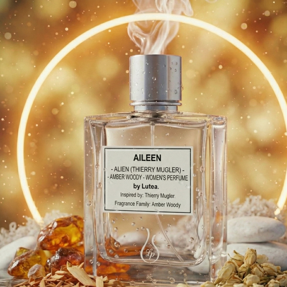 Perfume bottle labeled 'Aileen' with a gold circular light and decorative elements on a blurred background