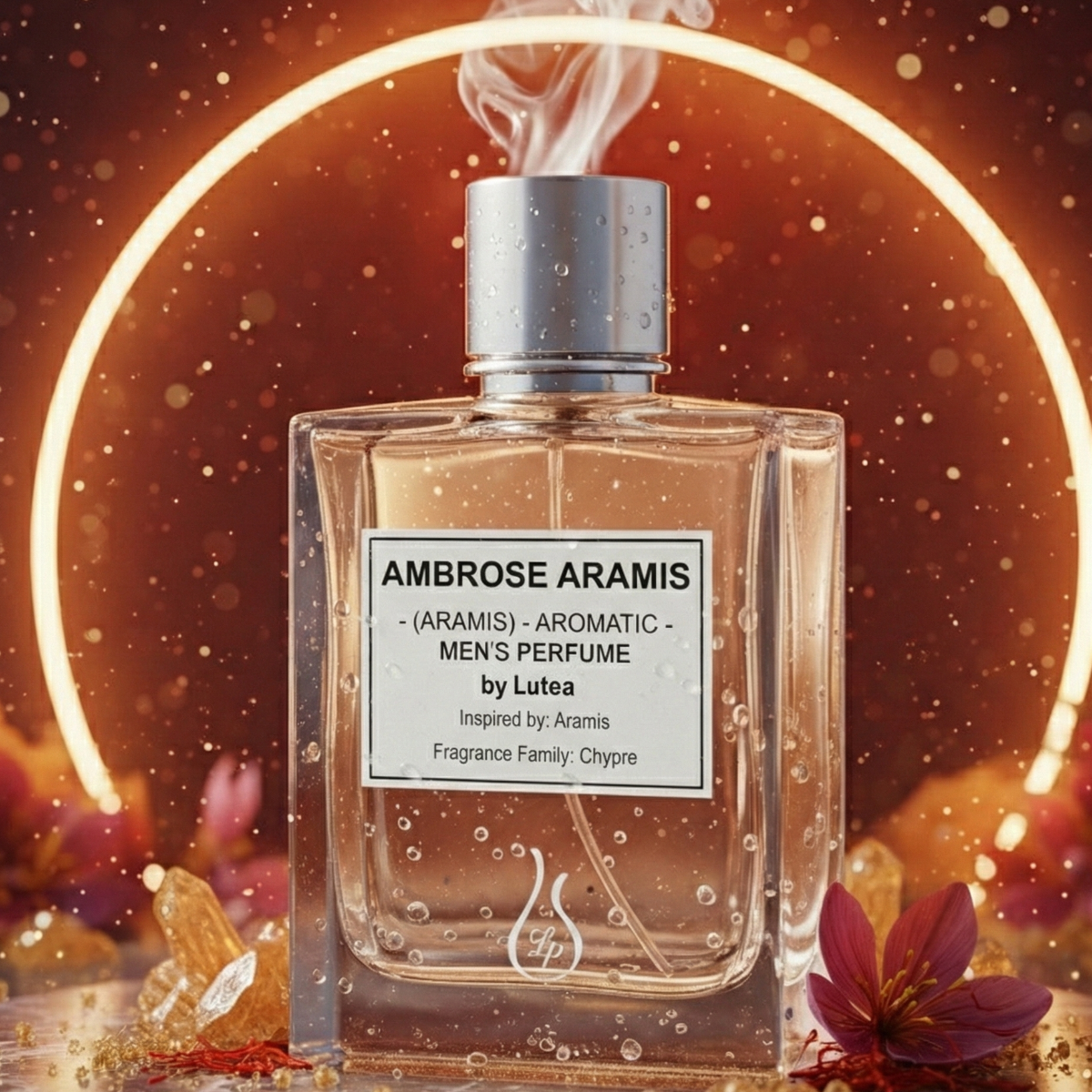 Perfume bottle labeled 'Ambrose Aramis' with a decorative background