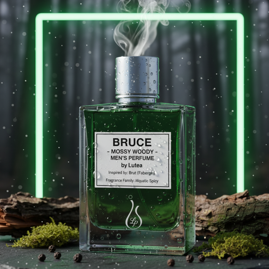 Perfume bottle labeled 'Bruce Mossy Woody' by Lutea on a dark background with green neon lights.