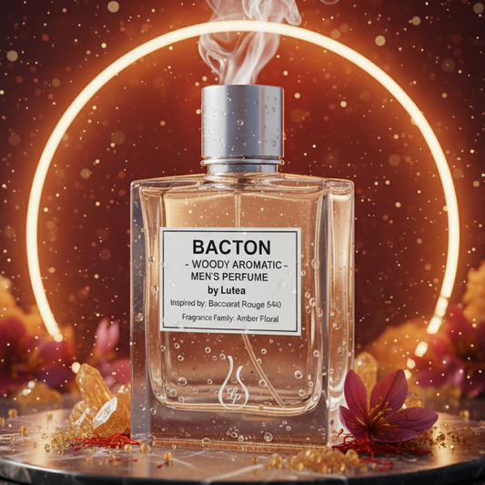 Perfume bottle labeled 'Bacton' with decorative elements on a warm background