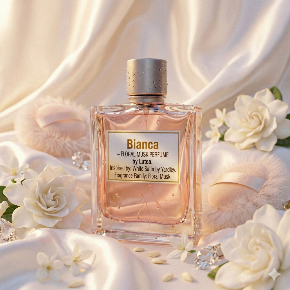 Perfume bottle labeled 'Bianca' surrounded by white flowers on a soft fabric background