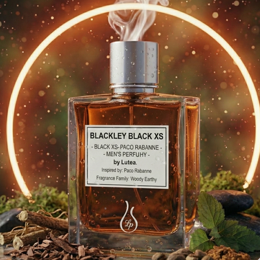 Perfume bottle labeled 'Blackley Black XS' with a mystical background