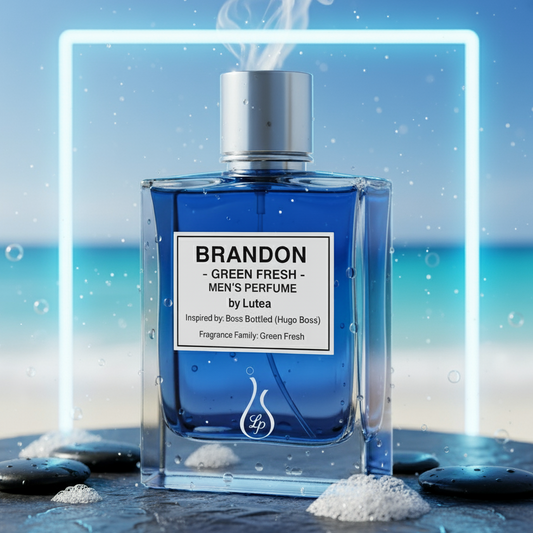 Blue perfume bottle labeled 'Brandon' on a reflective surface with ocean background