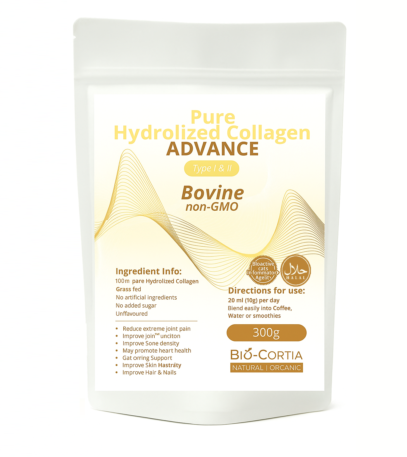 Package of Pure Hydrolized Collagen Advance with gold accents on a white background