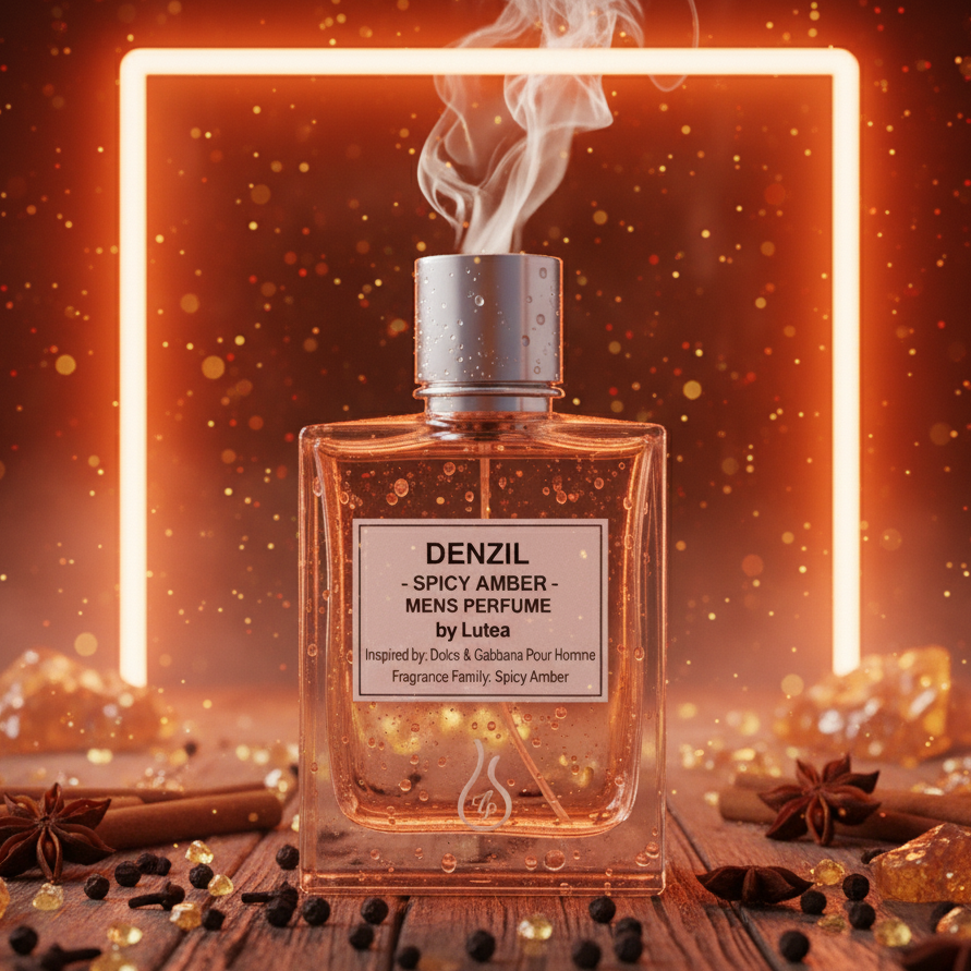 Perfume bottle labeled 'Denzil' with spices and a glowing neon frame on a warm background