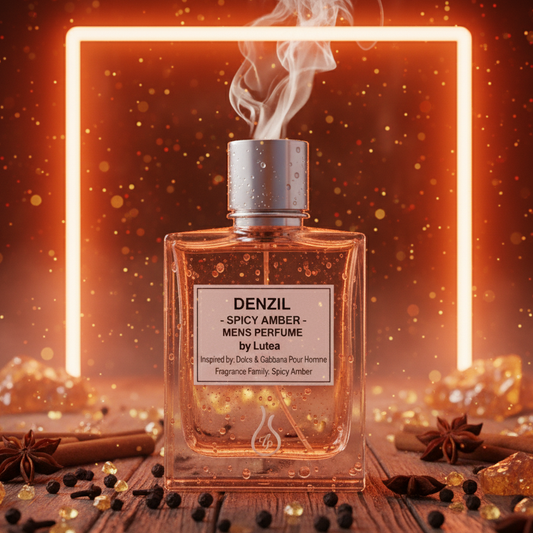Perfume bottle labeled 'Denzil' with spices and a glowing neon frame on a warm background
