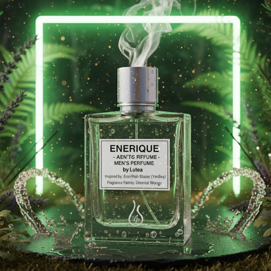 Perfume bottle labeled 'ENRIQUE' with green neon frame and foliage in the background