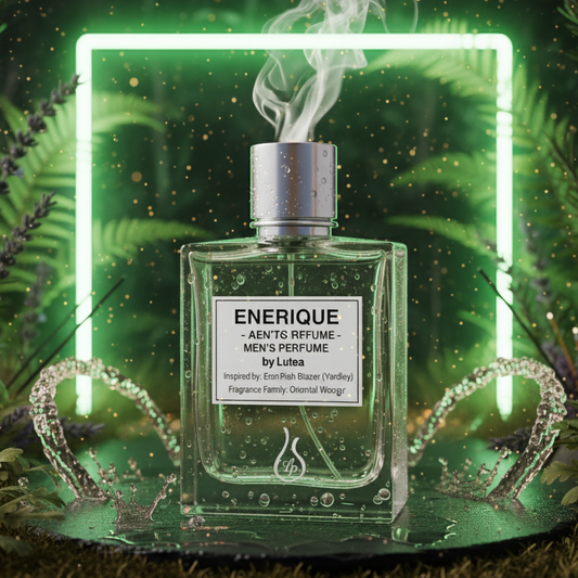 Perfume bottle labeled 'ENRIQUE' with green neon frame and foliage in the background