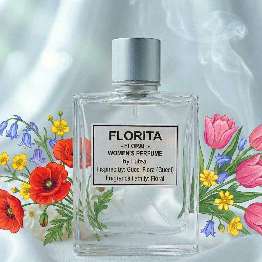 Perfume bottle labeled 'FLORITA' with floral illustrations on a light background