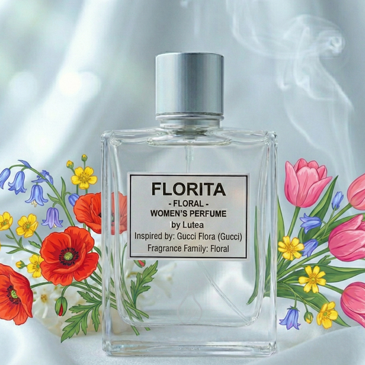 Perfume bottle labeled 'FLORITA' with floral illustrations on a light background