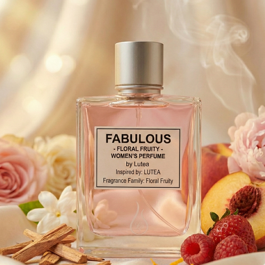 Perfume bottle labeled 'Fabulous' with floral and fruit elements on a soft background