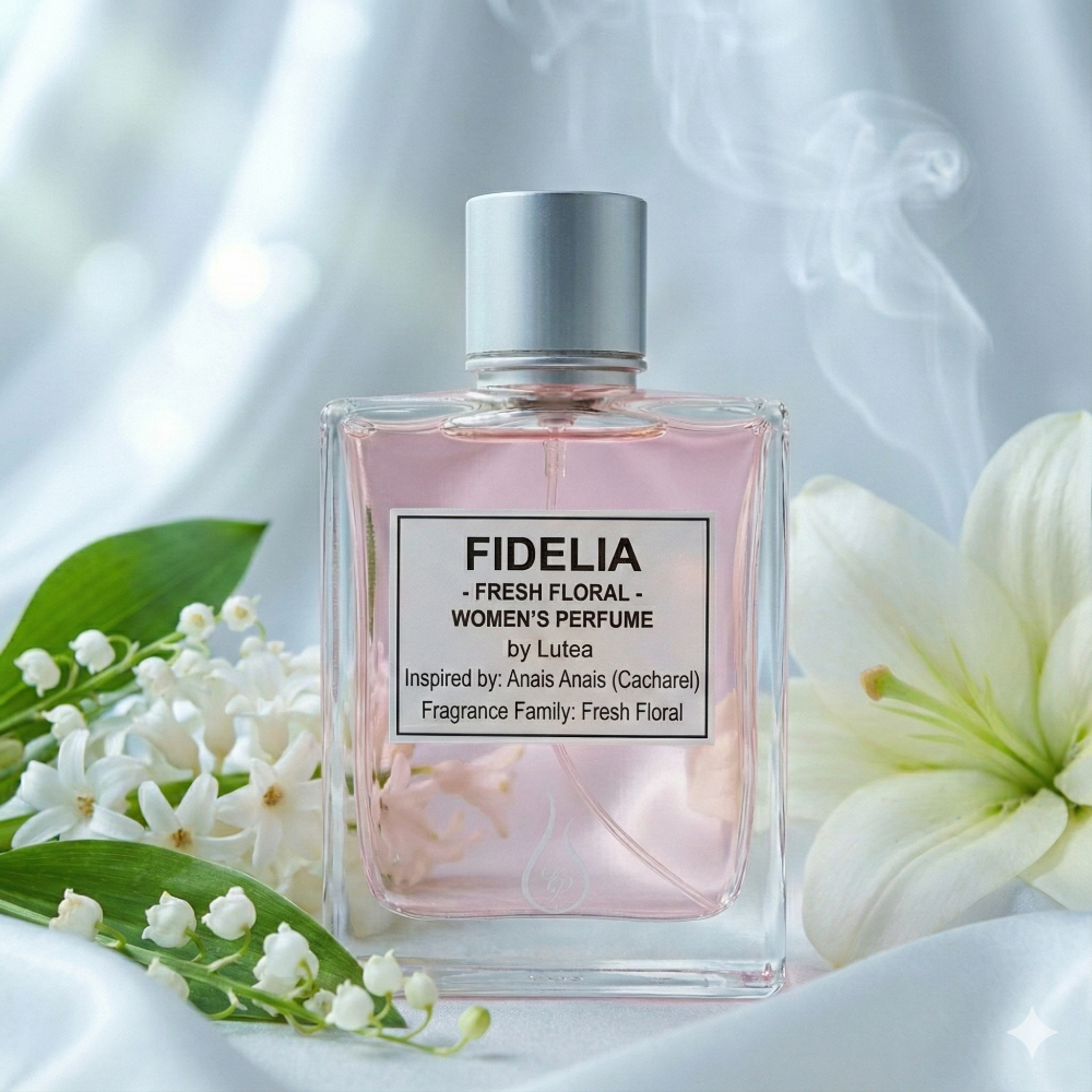 Perfume bottle labeled 'Fidelia' with flowers on a soft white background