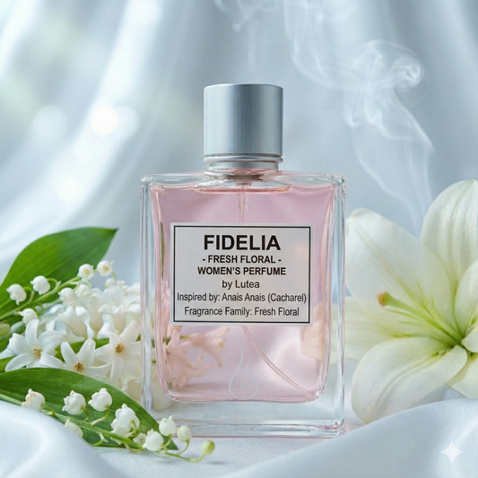Perfume bottle labeled 'Fidelia' with flowers on a soft white background
