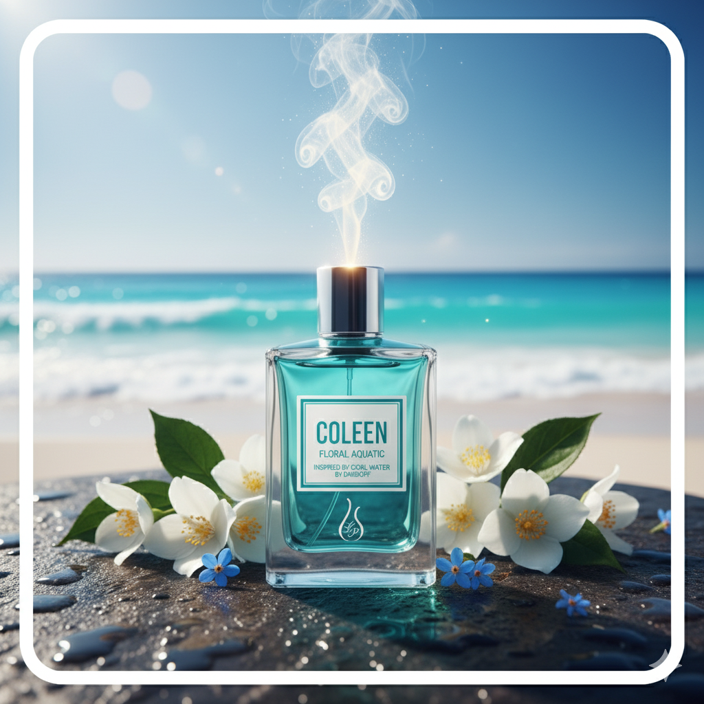 Perfume bottle labeled 'Coleen' on a beach with flowers and ocean view