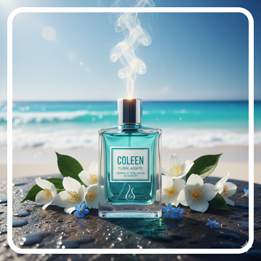 Perfume bottle labeled 'Coleen' on a beach with flowers and ocean view