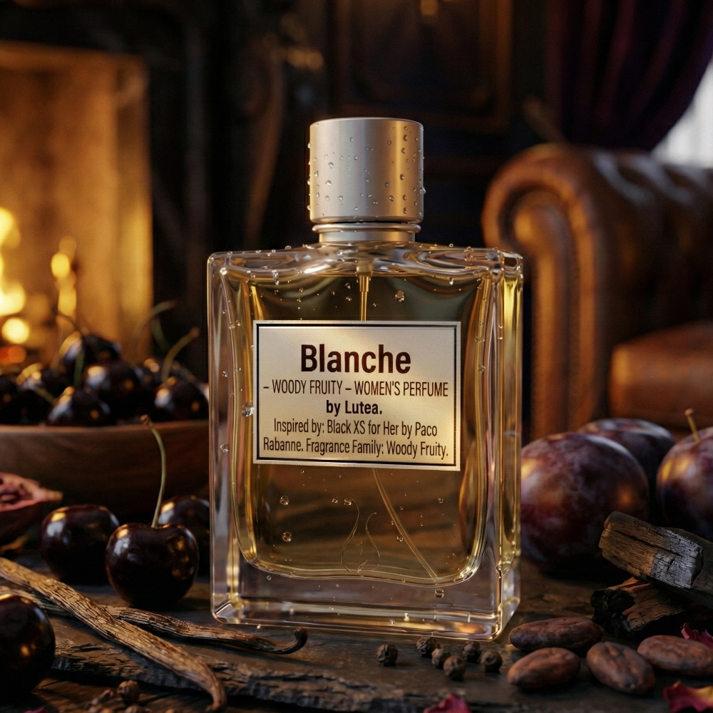 Perfume bottle labeled 'Blanche' surrounded by fruits and spices on a wooden surface with a warm background.