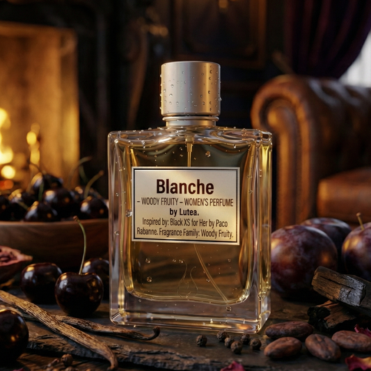 Perfume bottle labeled 'Blanche' surrounded by fruits and spices on a wooden surface with a warm background.