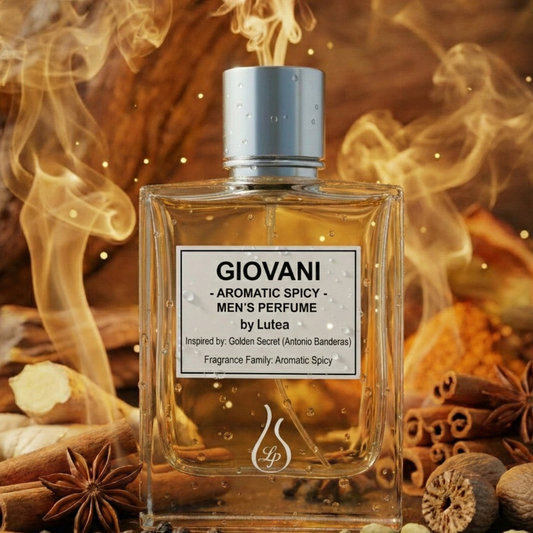 Perfume bottle labeled 'Giovani' surrounded by spices and smoke on a warm-toned background