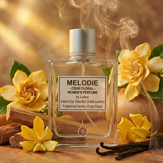 Perfume bottle labeled 'Melodie' surrounded by yellow flowers and vanilla beans on a warm-toned background