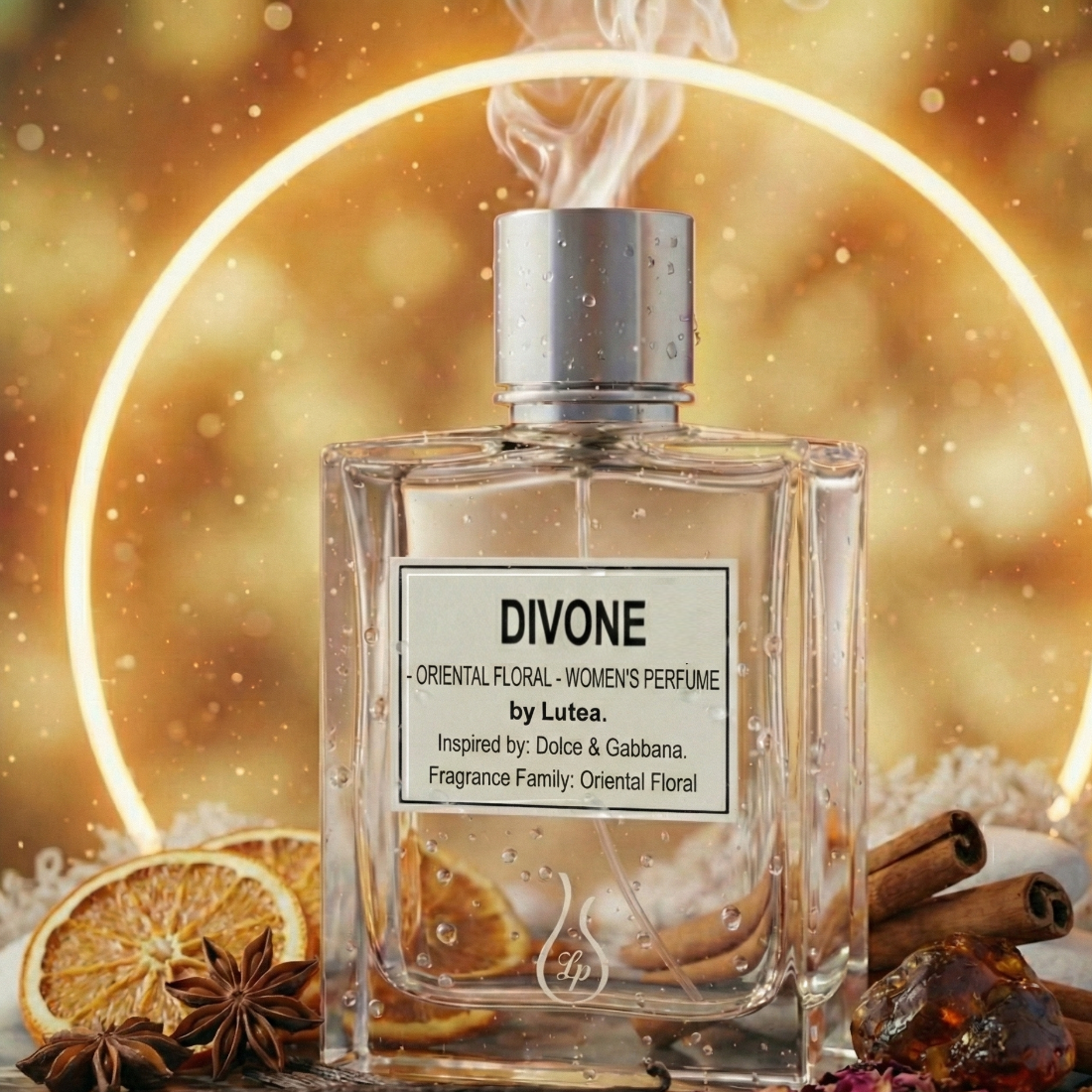 Divone perfume bottle with decorative elements on a warm, blurred background