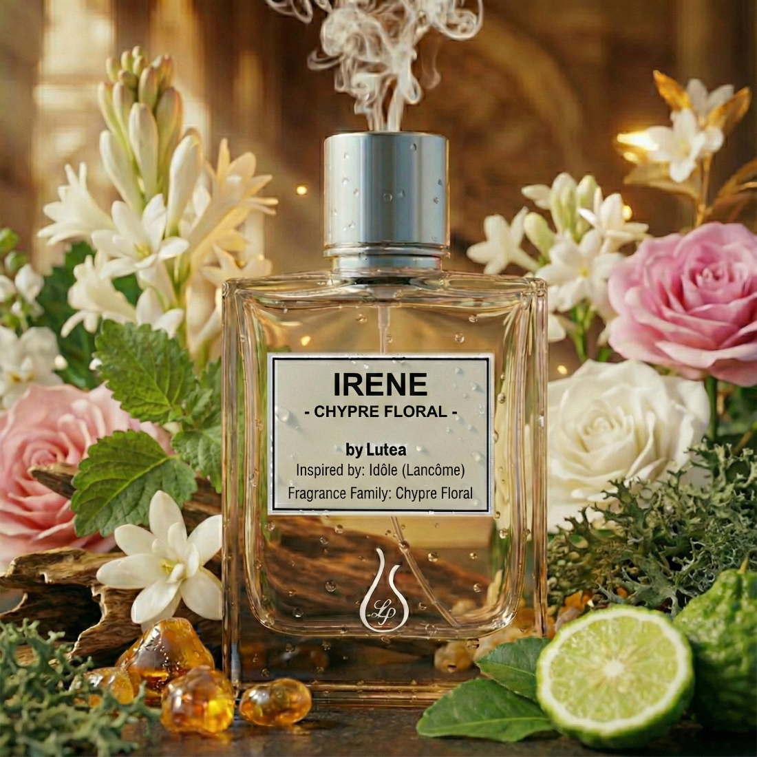 Perfume bottle labeled 'IRENE Chypre Floral' by Lutea surrounded by flowers and fruits on a wooden surface.