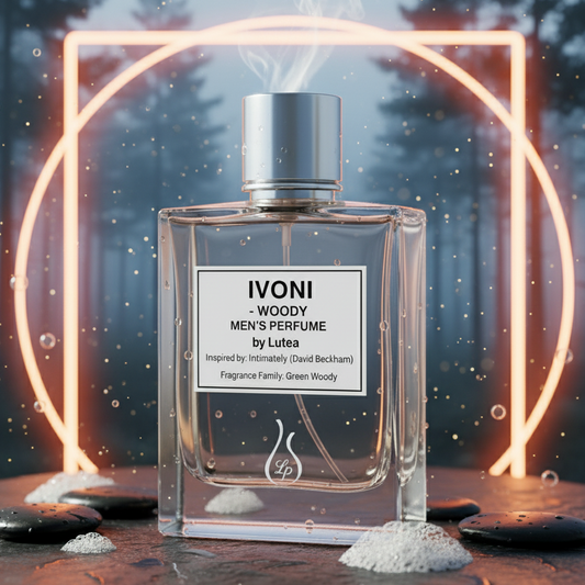 IVONI men's perfume bottle with a forest background