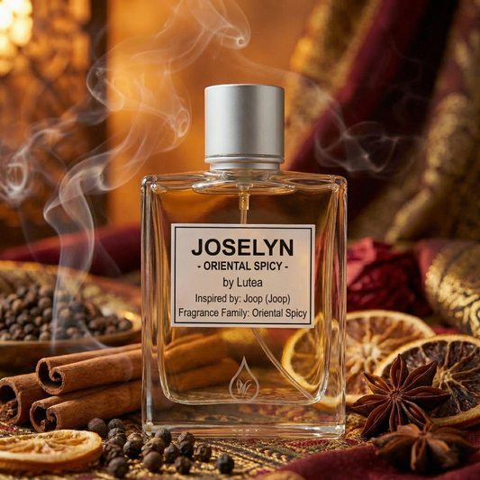 Fragrance bottle labeled 'Joselyn Oriental Spicy' surrounded by spices and herbs with a warm background.
