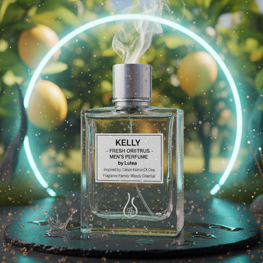 Perfume bottle labeled 'Kelly' with a neon light and fruit background