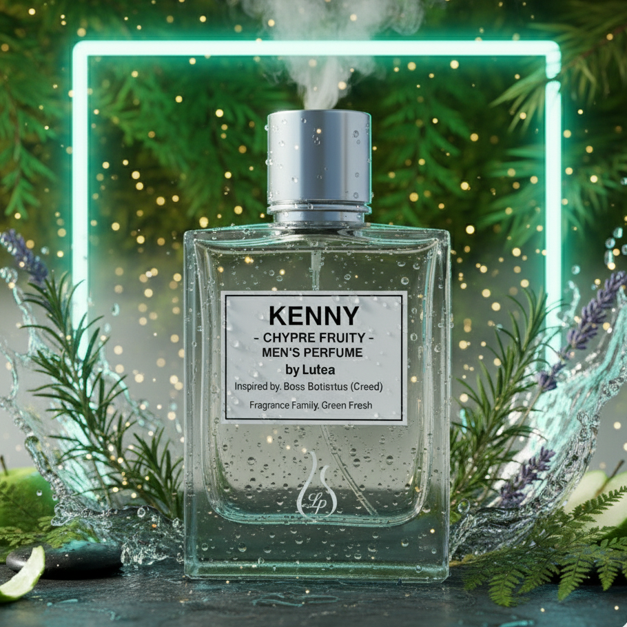 Perfume bottle labeled 'Kenny' with greenery and a neon light frame in the background
