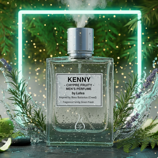 Perfume bottle labeled 'Kenny' with greenery and a neon light frame in the background