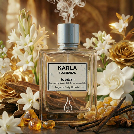 Perfume bottle labeled 'Karla Floriental' by Lutea with flowers and vanilla beans in the background