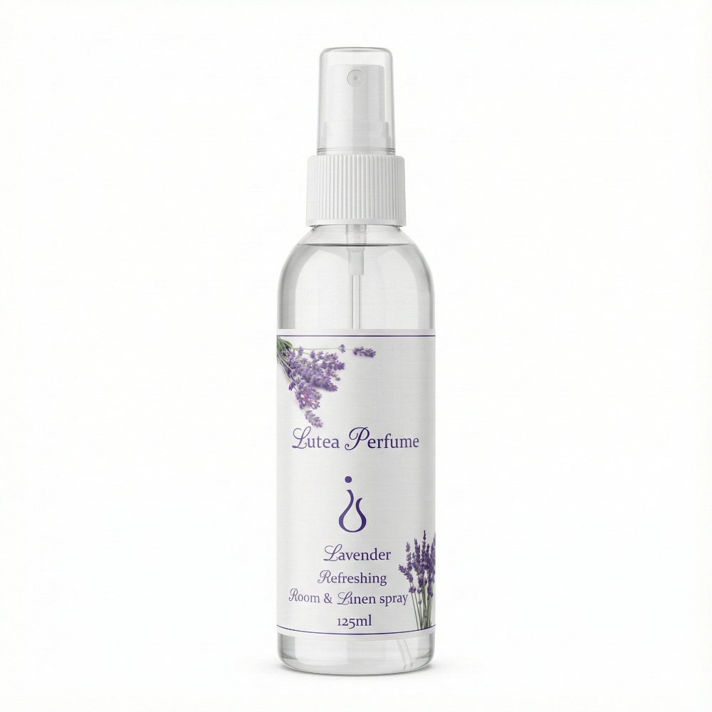 Lutea Perfume lavender refreshing room and linen spray bottle on a white background