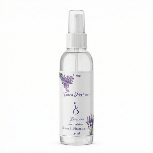 Lutea Perfume lavender refreshing room and linen spray bottle on a white background