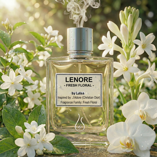 Perfume bottle labeled 'Lenore Fresh Floral' by Lutea surrounded by white flowers.