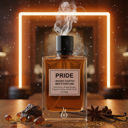 Perfume bottle labeled 'Pride' with decorative elements on a wooden surface.