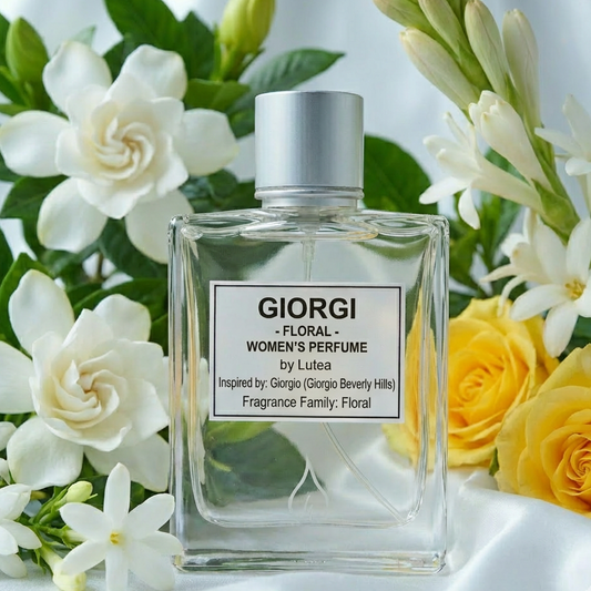 Perfume bottle labeled 'GIORGI' surrounded by flowers on a light background