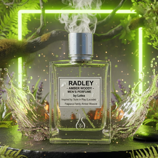 RADLEY amber woody perfume bottle with a mystical background